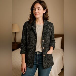 Lucky Brand Marled Knit Cardigan Blazer M Black White Button Front Office Casual